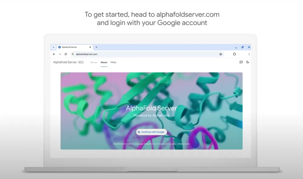 AlphaFold Server 界面截图，显示笔记本电脑屏幕上有一张静态截图，上方的文字提示用户前往 alphafoldserver.com 并使用 Google 帐户登录